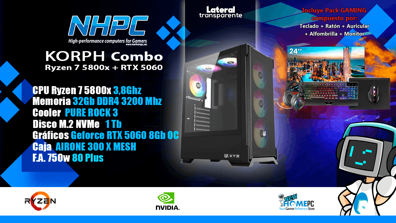Combo Pc Gaming NHPC KORPH - Ryzen 7 5800X - RTX 5060 - 32Gb - 1TB - Monitor - Periféricos